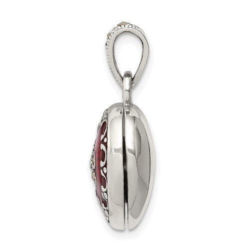 925 Sterling Silver Red Enamel and Marcasite Heart Photo Locket Necklace