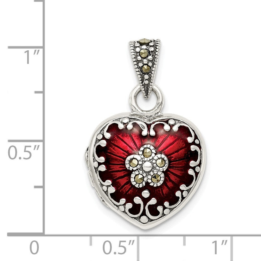 925 Sterling Silver Red Enamel and Marcasite Heart Photo Locket Necklace