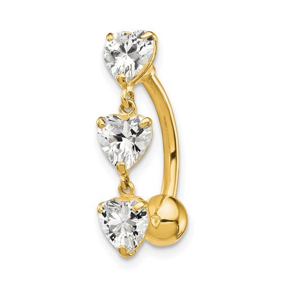 10k Yellow or White Gold 14G Hearts CZ Reverse Belly Ring
