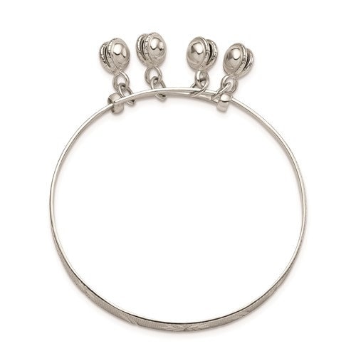 925 Sterling Silver Textured Bells Charm Adjustable Children's Bangle Bracelet - 5mm x 6"