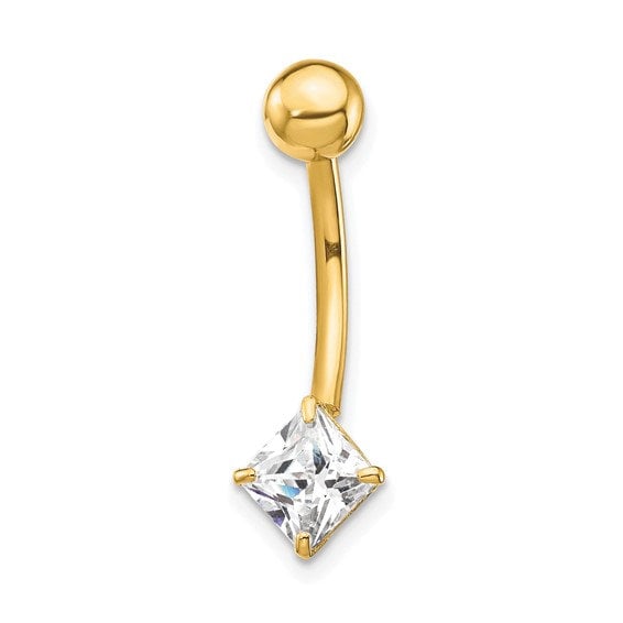10k Yellow or White Gold 14G Square Princess CZ Belly Ring