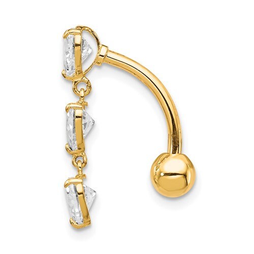 10k Yellow or White Gold 14G Hearts CZ Reverse Belly Ring