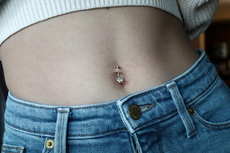 10k Yellow or White Gold 14G Square Princess CZ Belly Ring