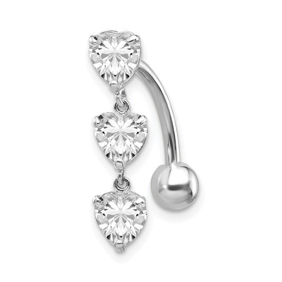 10k Yellow or White Gold 14G Hearts CZ Reverse Belly Ring