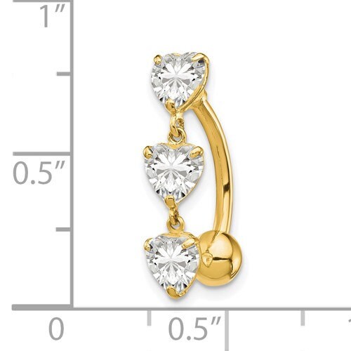 10k Yellow or White Gold 14G Hearts CZ Reverse Belly Ring