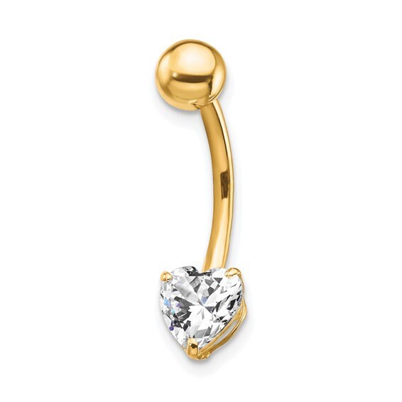 10k Yellow or White Gold 14G 6mm Heart CZ Dangle Belly Ring
