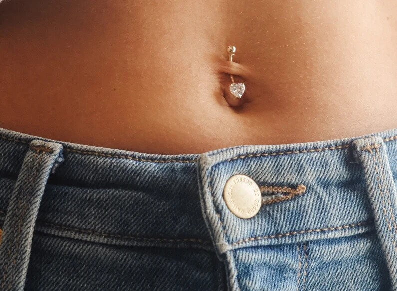 10k Yellow or White Gold 14G 6mm Heart CZ Dangle Belly Ring