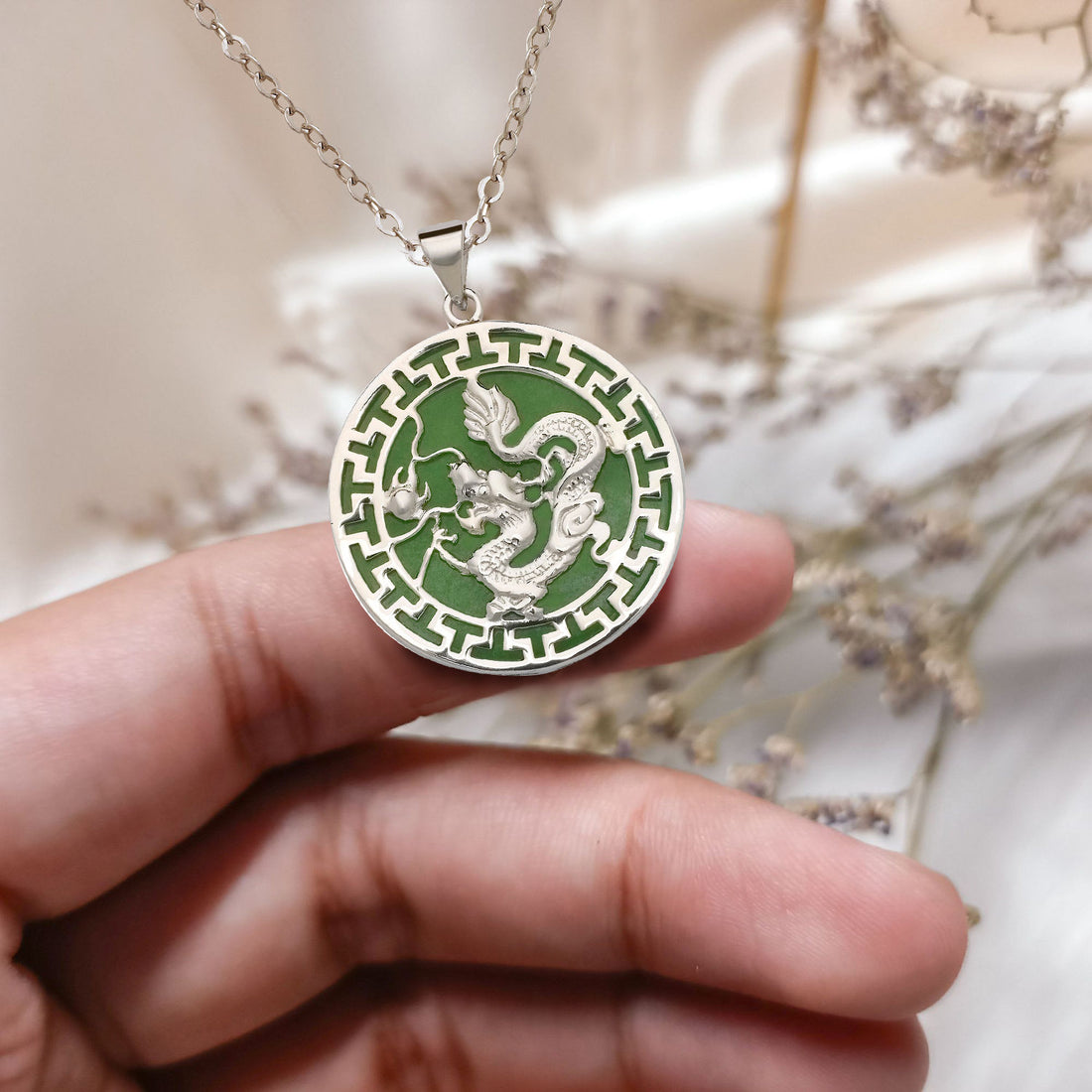 Sterling Silver 18” Green Jade Dragon Greek Key Circle Necklace - 26mm x 32mm - jade necklace women - good luck amulet - Dragon Necklace