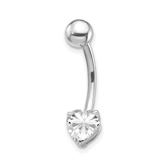 10k Yellow or White Gold 14G 6mm Heart CZ Dangle Belly Ring