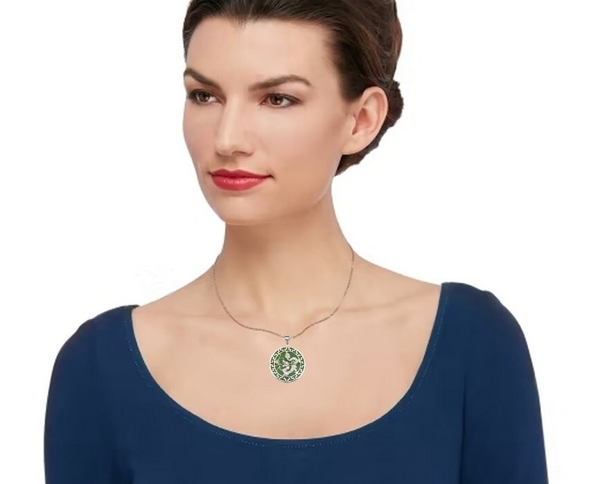 Sterling Silver 18” Green Jade Dragon Greek Key Circle Necklace - 26mm x 32mm - jade necklace women - good luck amulet - Dragon Necklace