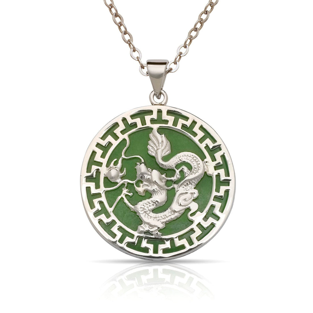 Sterling Silver 18” Green Jade Dragon Greek Key Circle Necklace - 26mm x 32mm - jade necklace women - good luck amulet - Dragon Necklace