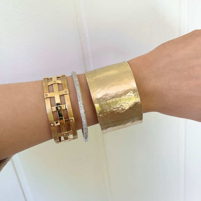 Sterling Silver, 14k or 18k Gold Italian 37mm Hammered Cuff Bracelet - Adjustable Wide Cuff Bracelet - Statement Bracelet for Women