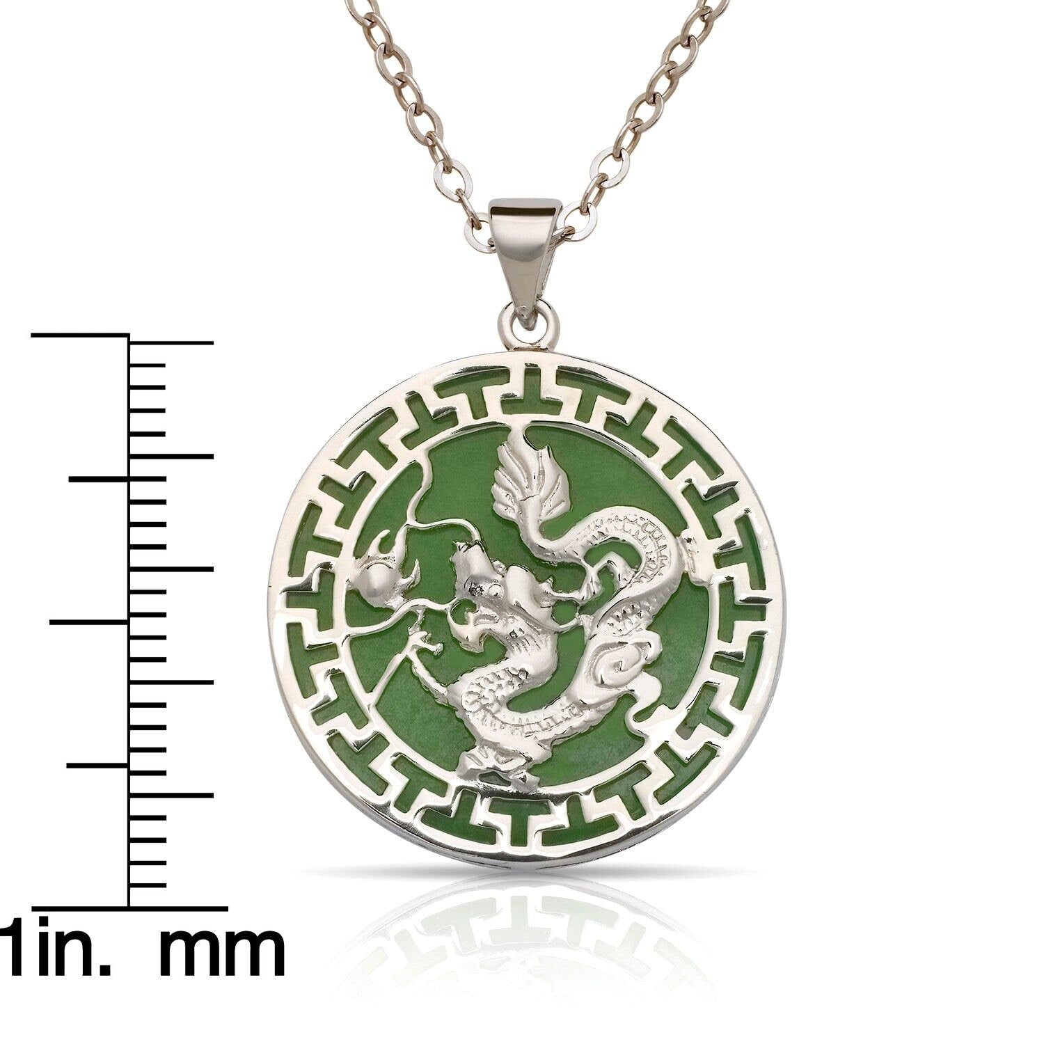 Sterling Silver 18” Green Jade Dragon Greek Key Circle Necklace - 26mm x 32mm - jade necklace women - good luck amulet - Dragon Necklace
