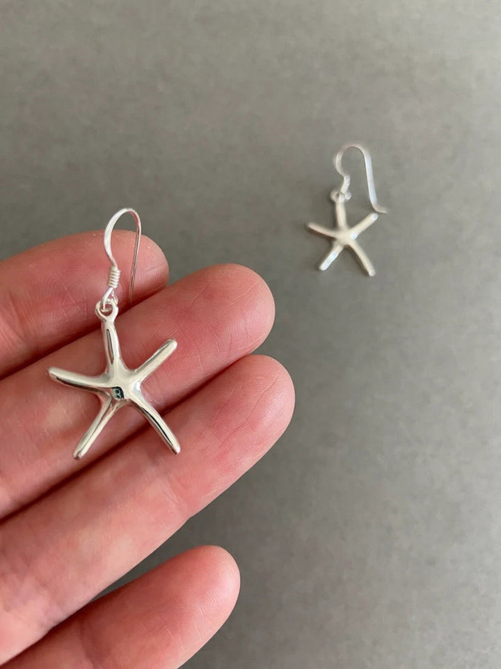 925 Sterling Silver Nautical Starfish Dangle Hook Earrings - 13mm x 16mm  - Summer Dangling Earrings - Starfish Earrings for Women