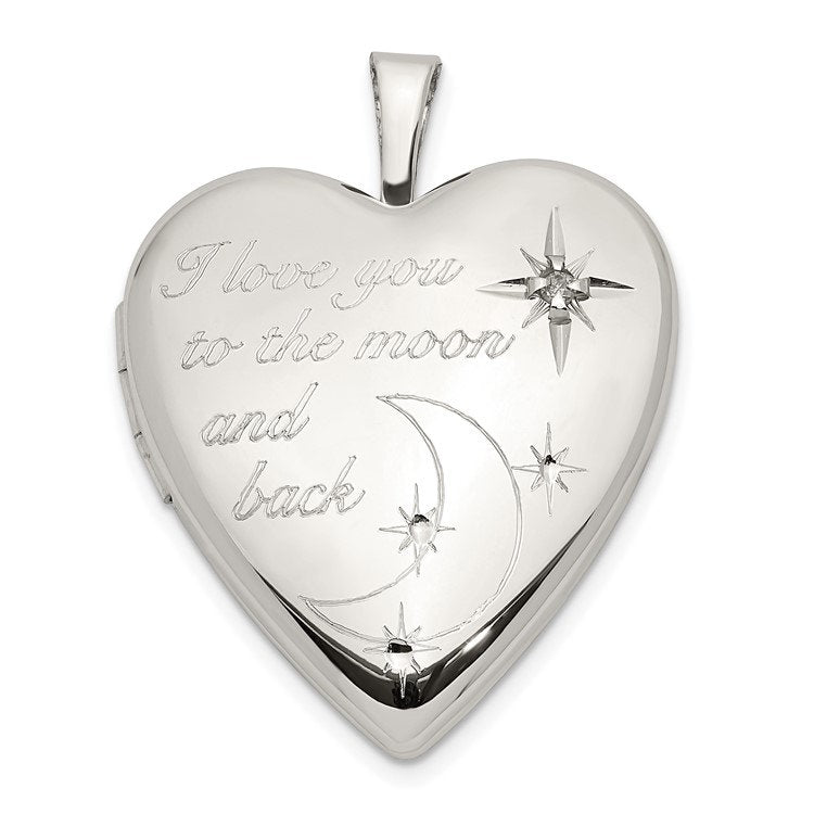 925 Sterling Silver Diamond Love You To The Moon and Back Round, Heart or Oval Shape Photo Locket Necklace
