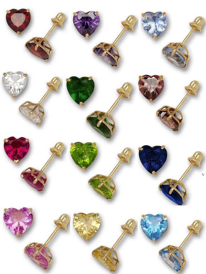 14K Yellow Gold 4-7mm Heart-shaped CZ Birthstone Basket-Set Screw-back Stud Earrings