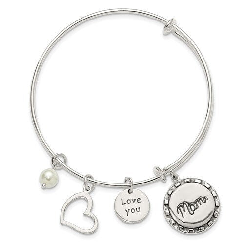 Solid 925 Sterling Silver I Love Mom Expandable Bangle Bracelet - Pearl Heart Charm Bracelet for Mom - Gift for Mom - Adjustable Bangle