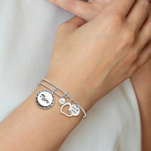 Solid 925 Sterling Silver I Love Mom Expandable Bangle Bracelet - Pearl Heart Charm Bracelet for Mom - Gift for Mom - Adjustable Bangle