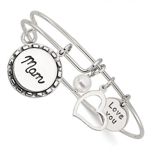Solid 925 Sterling Silver I Love Mom Expandable Bangle Bracelet - Pearl Heart Charm Bracelet for Mom - Gift for Mom - Adjustable Bangle