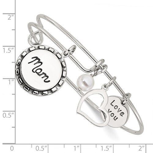 Solid 925 Sterling Silver I Love Mom Expandable Bangle Bracelet - Pearl Heart Charm Bracelet for Mom - Gift for Mom - Adjustable Bangle