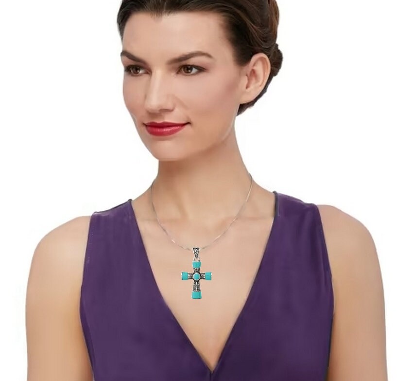 925 Sterling Silver Large Artisan Oxidized Inlaid Simulated Turquoise Cross Pendant Necklace - 28x45mm