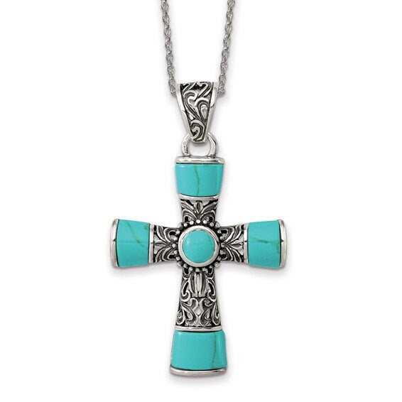 925 Sterling Silver Large Artisan Oxidized Inlaid Simulated Turquoise Cross Pendant Necklace - 28x45mm