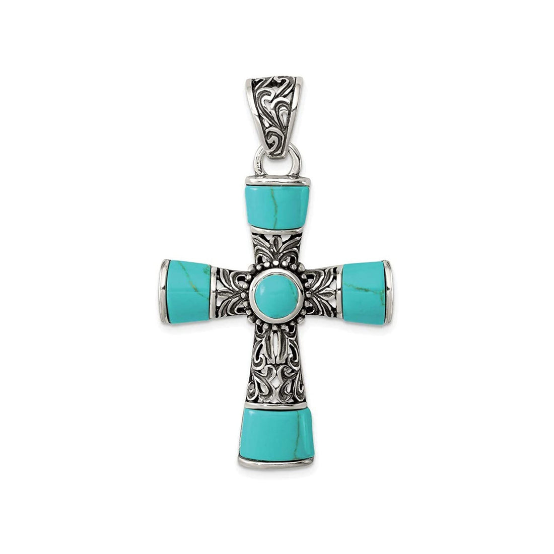 925 Sterling Silver Large Artisan Oxidized Inlaid Simulated Turquoise Cross Pendant Necklace - 28x45mm