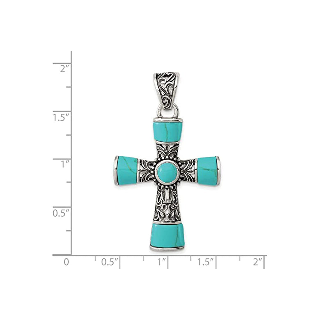 925 Sterling Silver Large Artisan Oxidized Inlaid Simulated Turquoise Cross Pendant Necklace - 28x45mm