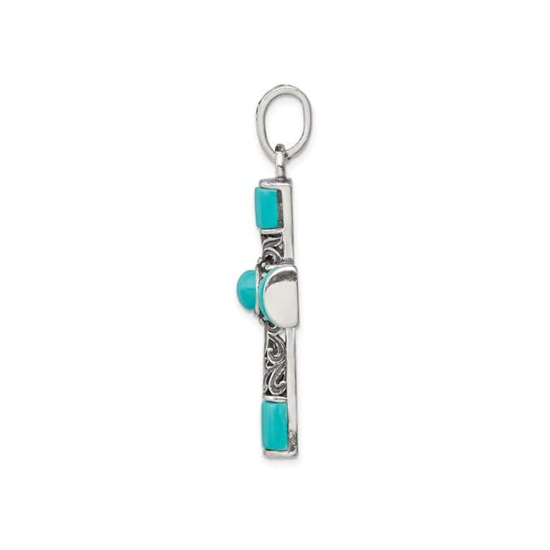 925 Sterling Silver Large Artisan Oxidized Inlaid Simulated Turquoise Cross Pendant Necklace - 28x45mm