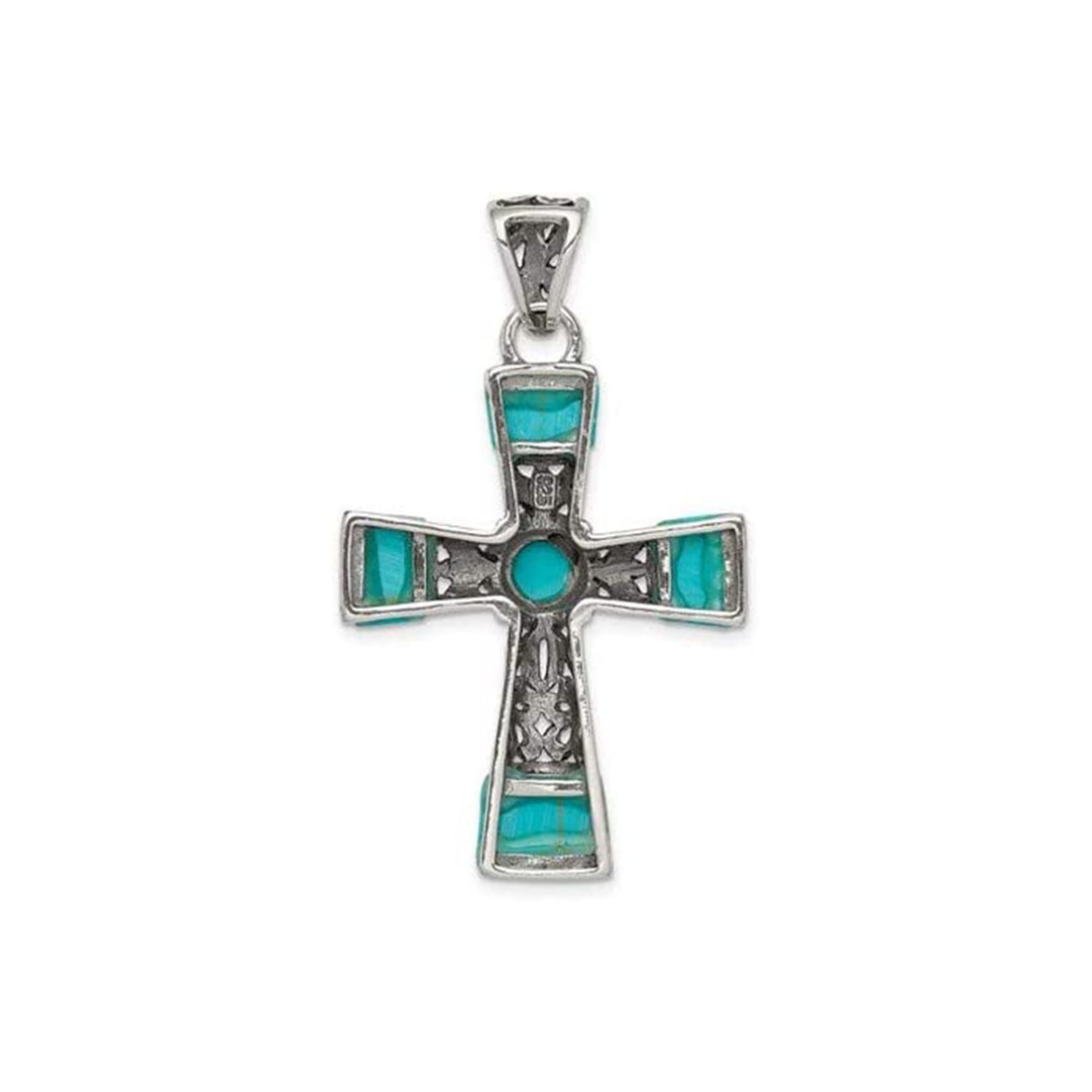 925 Sterling Silver Large Artisan Oxidized Inlaid Simulated Turquoise Cross Pendant Necklace - 28x45mm