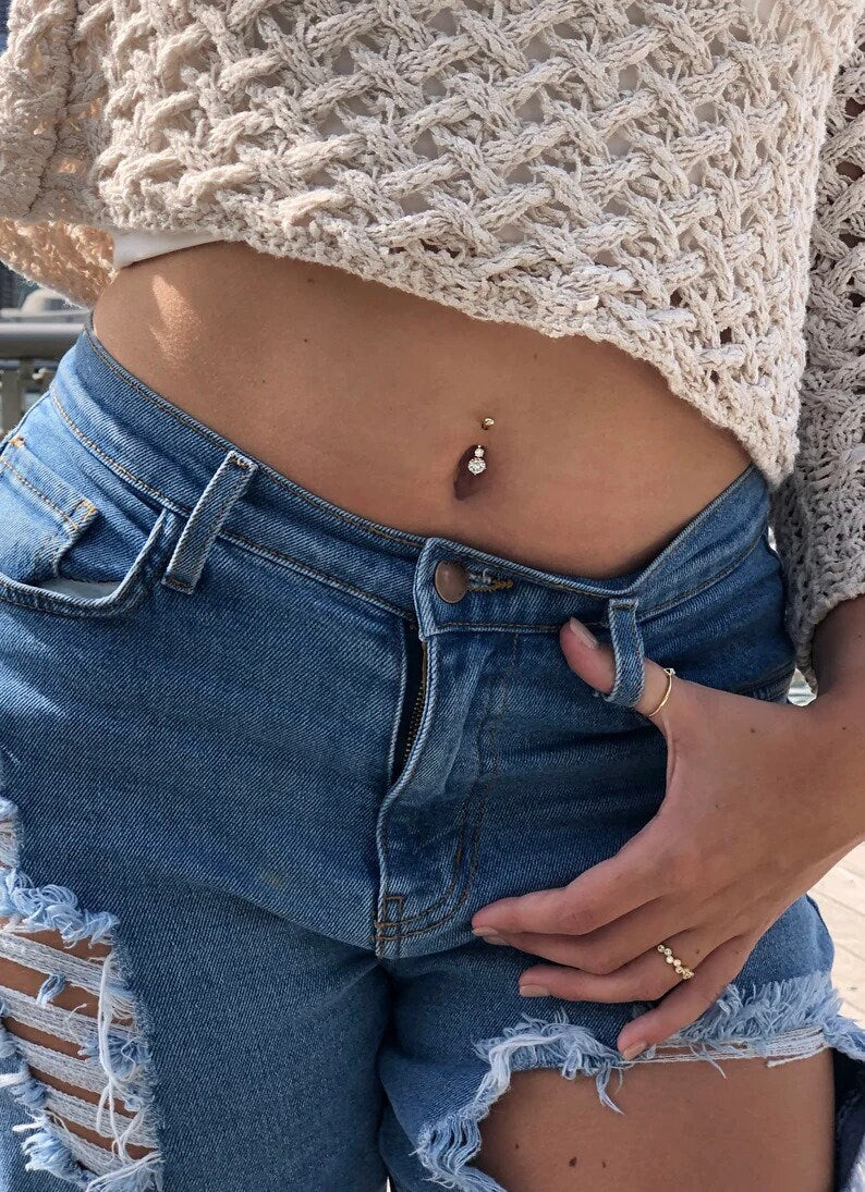 10k Yellow or White Gold CZ Double Dangle Belly Ring