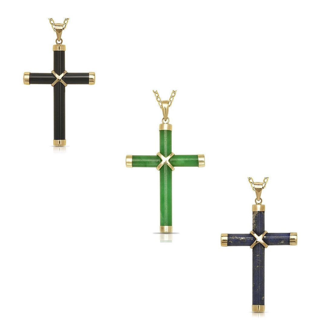 14k Yellow Gold Onyx, Turquoise, Lapis Lazuli and Green or Lavender Jade Cross Pendant