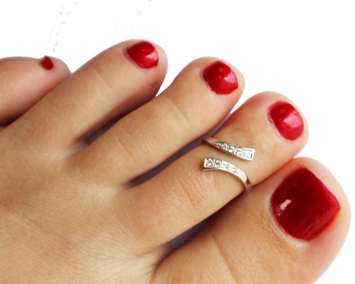 10K Yellow or White Gold or Sterling Silver Adjustable Cubic Zirconia Bypass Toe Ring