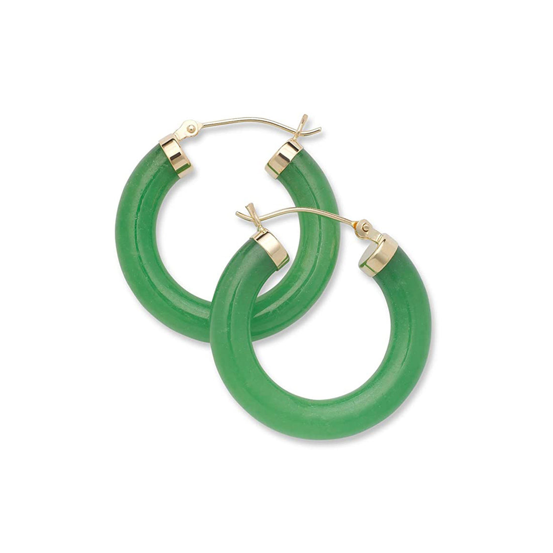 Curata Solid 14k Yellow Gold Green Jade Tube Hoop Earrings - 4mm x 26mm