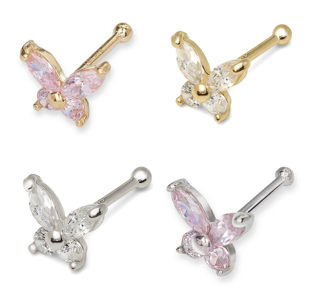 14k Yellow or White Gold 20G 6mm Butterfly Clear or Pink CZ Nose Stud