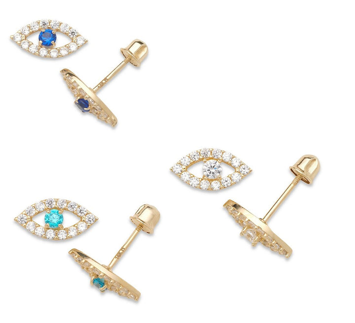 14k Yellow Gold CZ Blue Evil Eye Screw Back Earrings