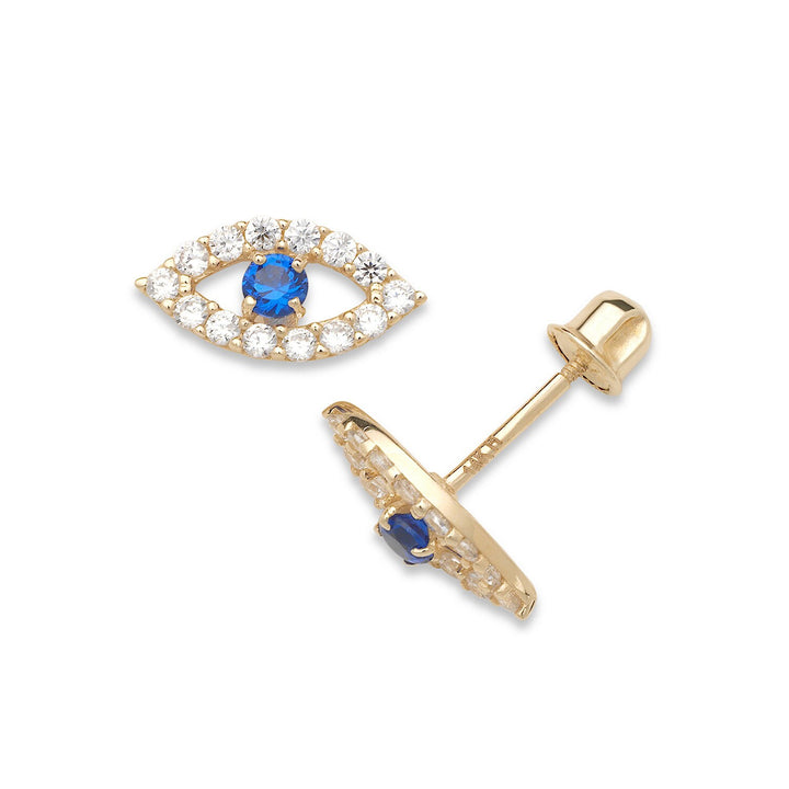 14k Yellow Gold CZ Blue Evil Eye Screw Back Earrings