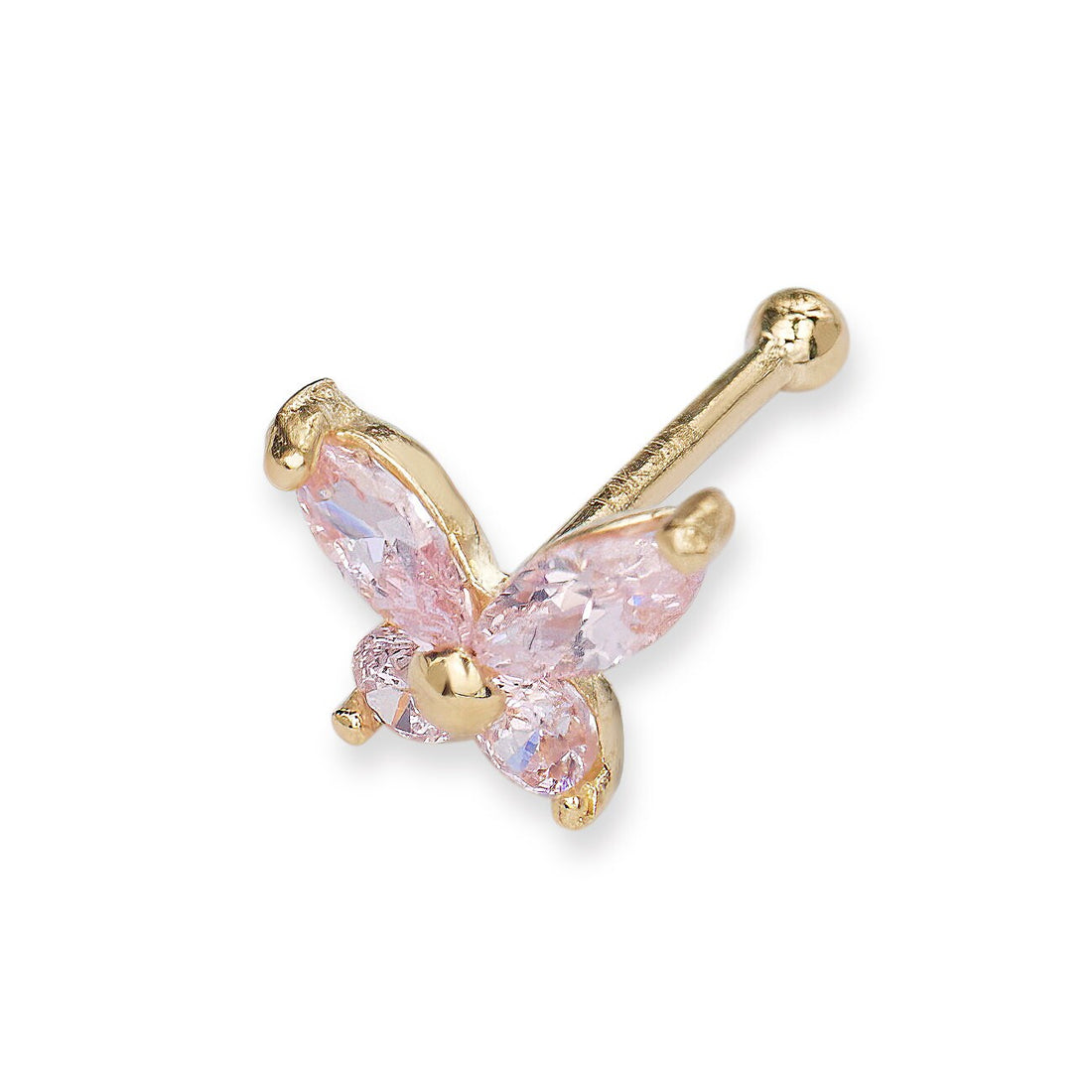 14k Yellow or White Gold 20G 6mm Butterfly Clear or Pink CZ Nose Stud