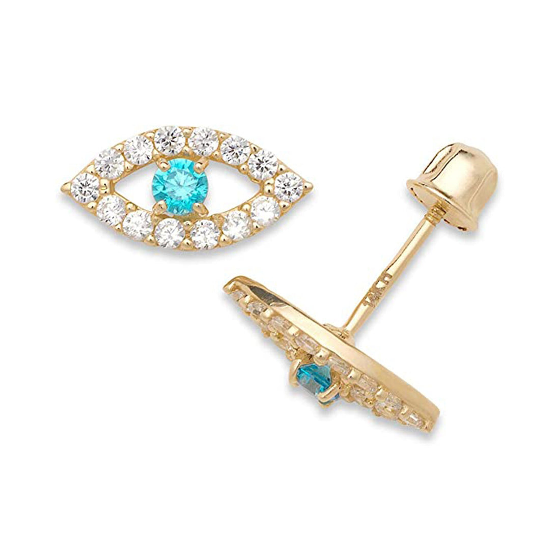 14k Yellow Gold CZ Blue Evil Eye Screw Back Earrings