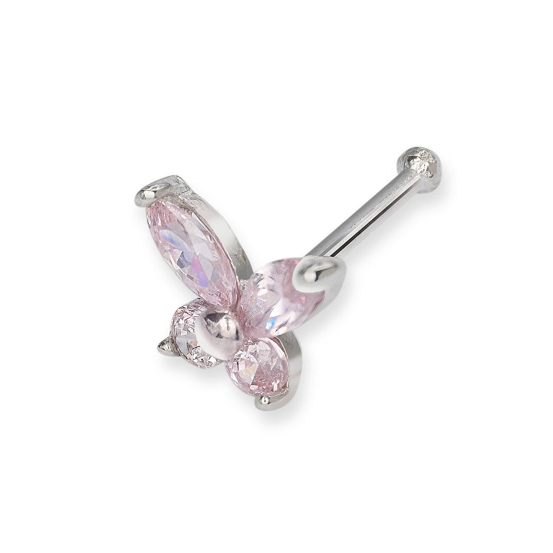 14k Yellow or White Gold 20G 6mm Butterfly Clear or Pink CZ Nose Stud