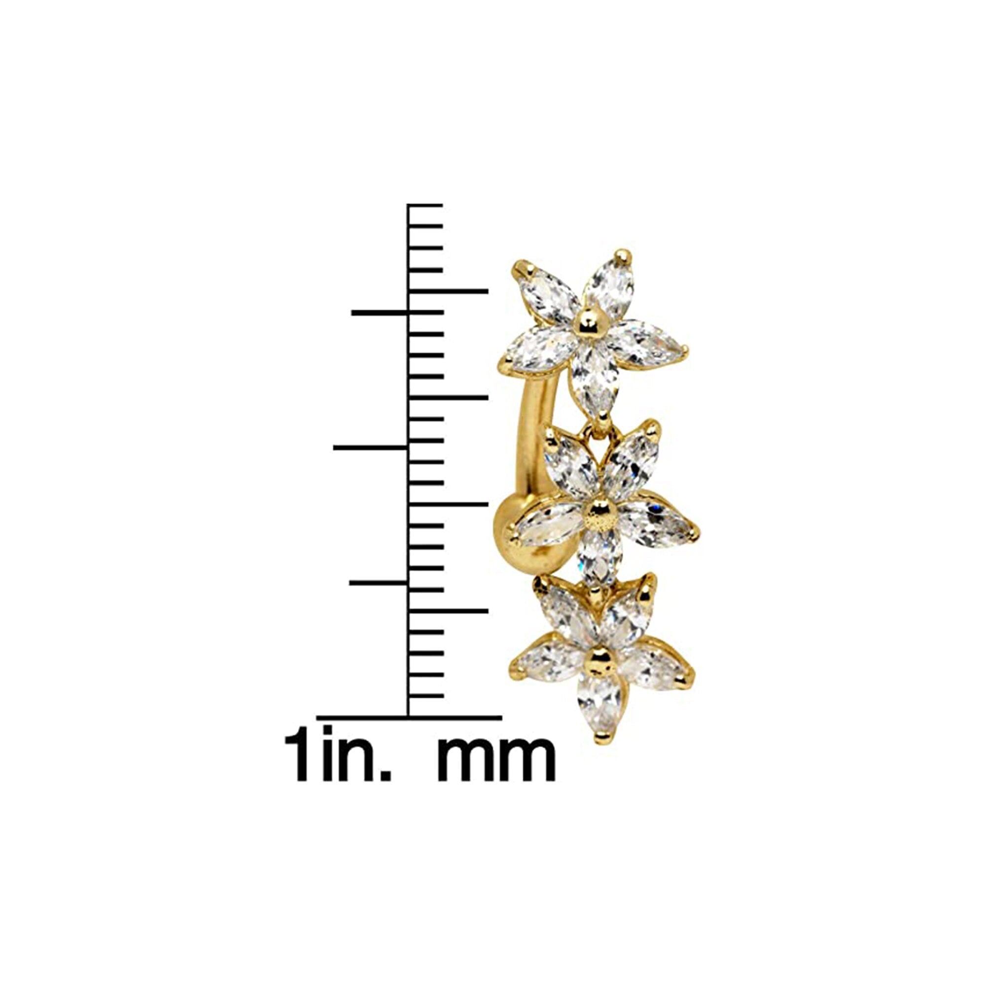 14k Yellow or White Gold Pink or Clear Marquise Flower Top Mount Dangle Belly Button Ring - 7x24mm