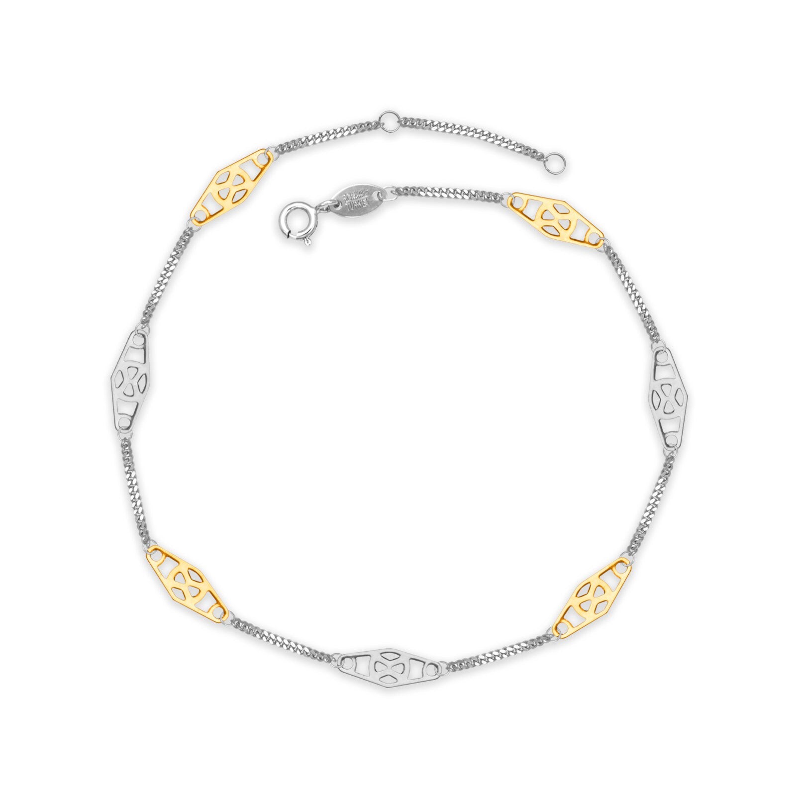 925 Sterling Silver 14k Yellow Gold Symbol Infinity Station Anklet - 10"