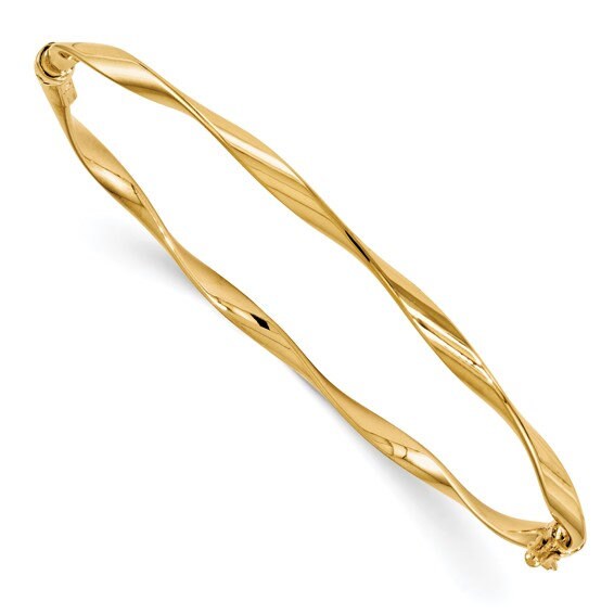 10k or 14k Gold 7" 3mm Polished Twist Hinged Bangle Bracelet