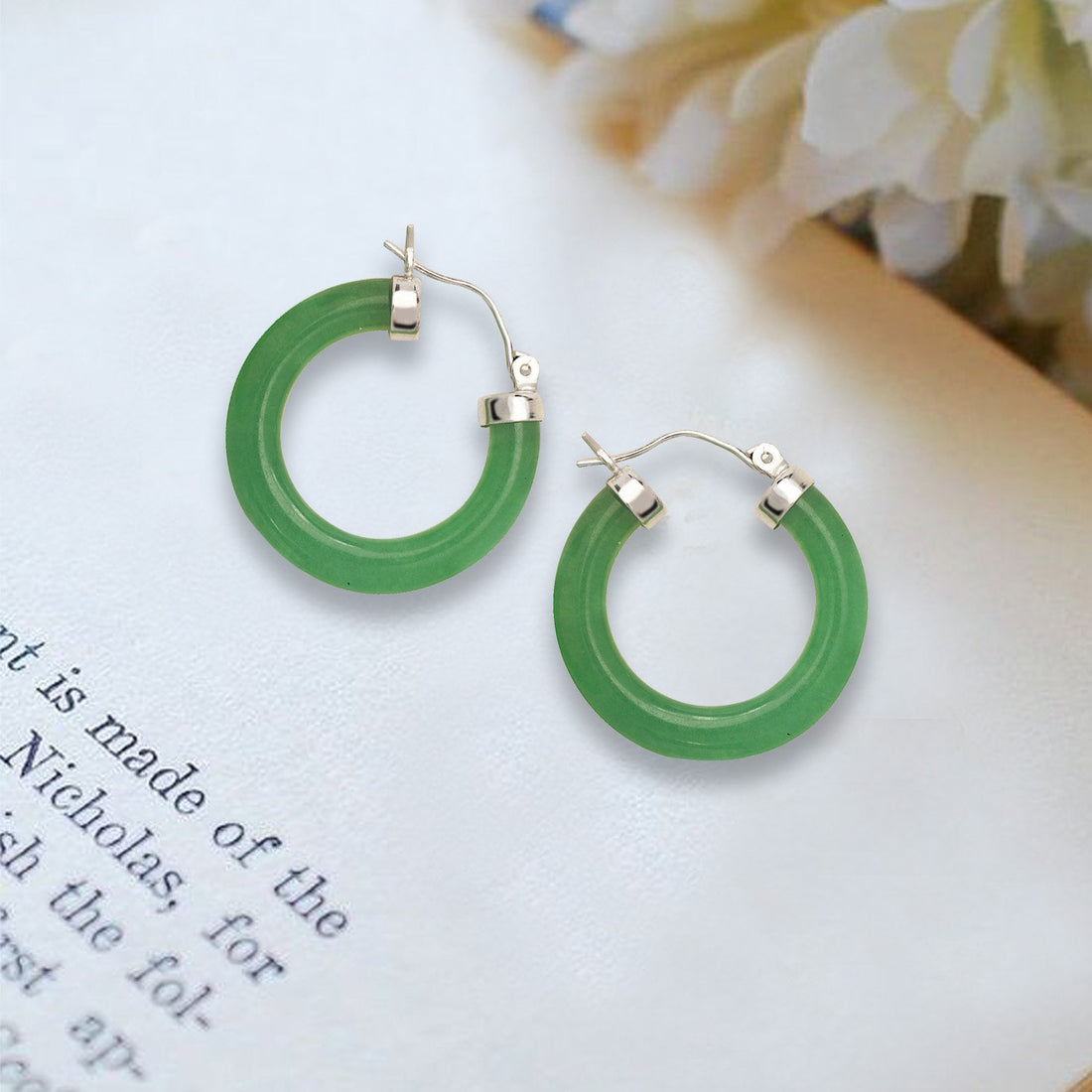 Sterling Silver and Rhodium Green or Lavender Jade or Black Onyx Tube Hoop Earrings - 4mm x 26mm