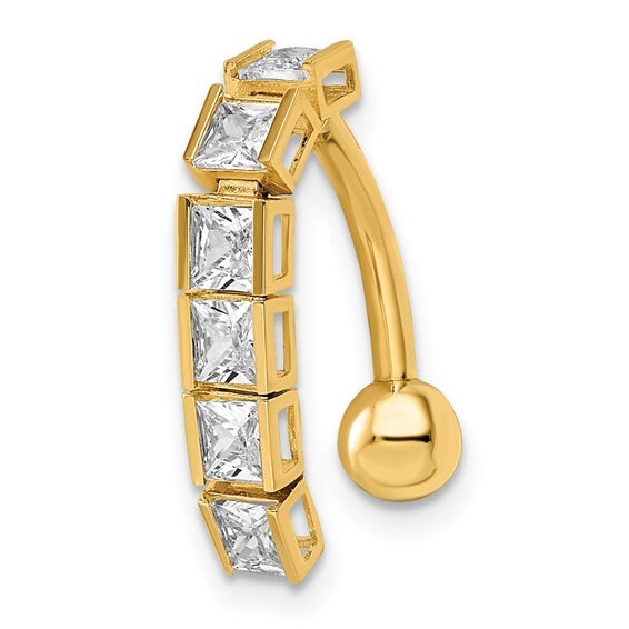 14k Yellow or White Gold Princess Square Cubic Zirconia Top Mount Dangle Belly Button Ring 4x20mm