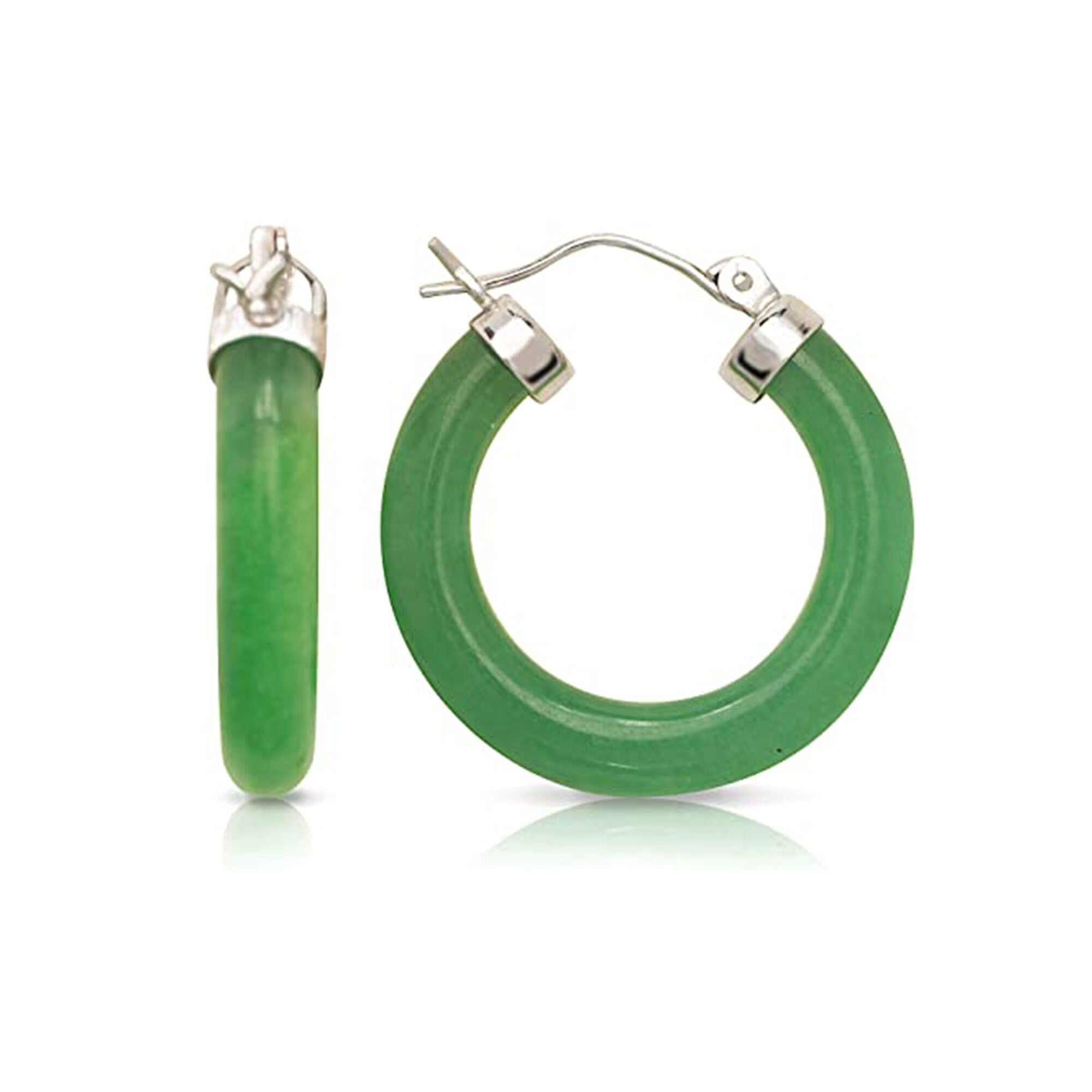 Sterling Silver and Rhodium Green or Lavender Jade or Black Onyx Tube Hoop Earrings - 4mm x 26mm