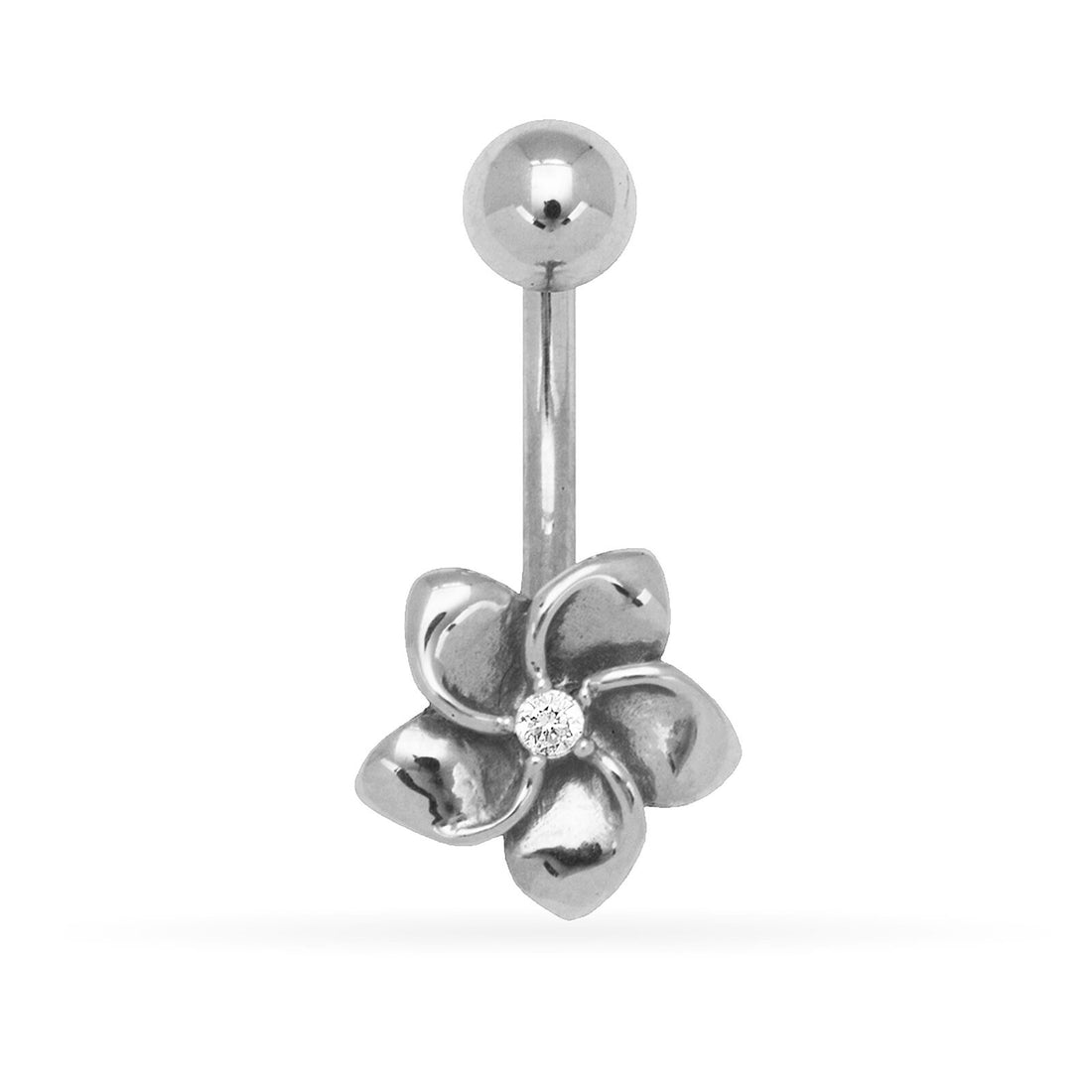 14k Yellow or White Gold CZ Plumeria Flower Curved Barbell Belly Button Navel Ring Dangle Piercing - 8x20mm