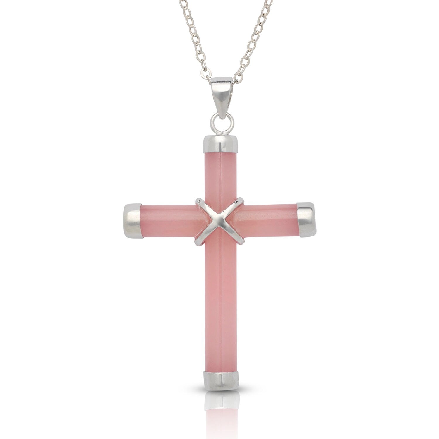 925 Sterling Silver Jade Cross Necklace - 6 Gemstone Options