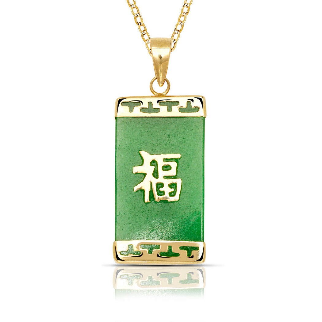 14k Yellow Gold Green Jade Good Fortune Pendant Necklace - 8mm X 26mm