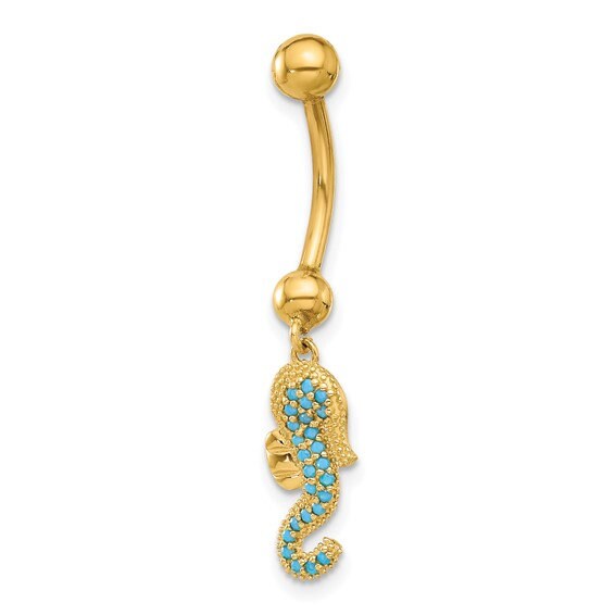14K Yellow Gold 14G Blue Turquoise Seahorse Dangle Belly Ring